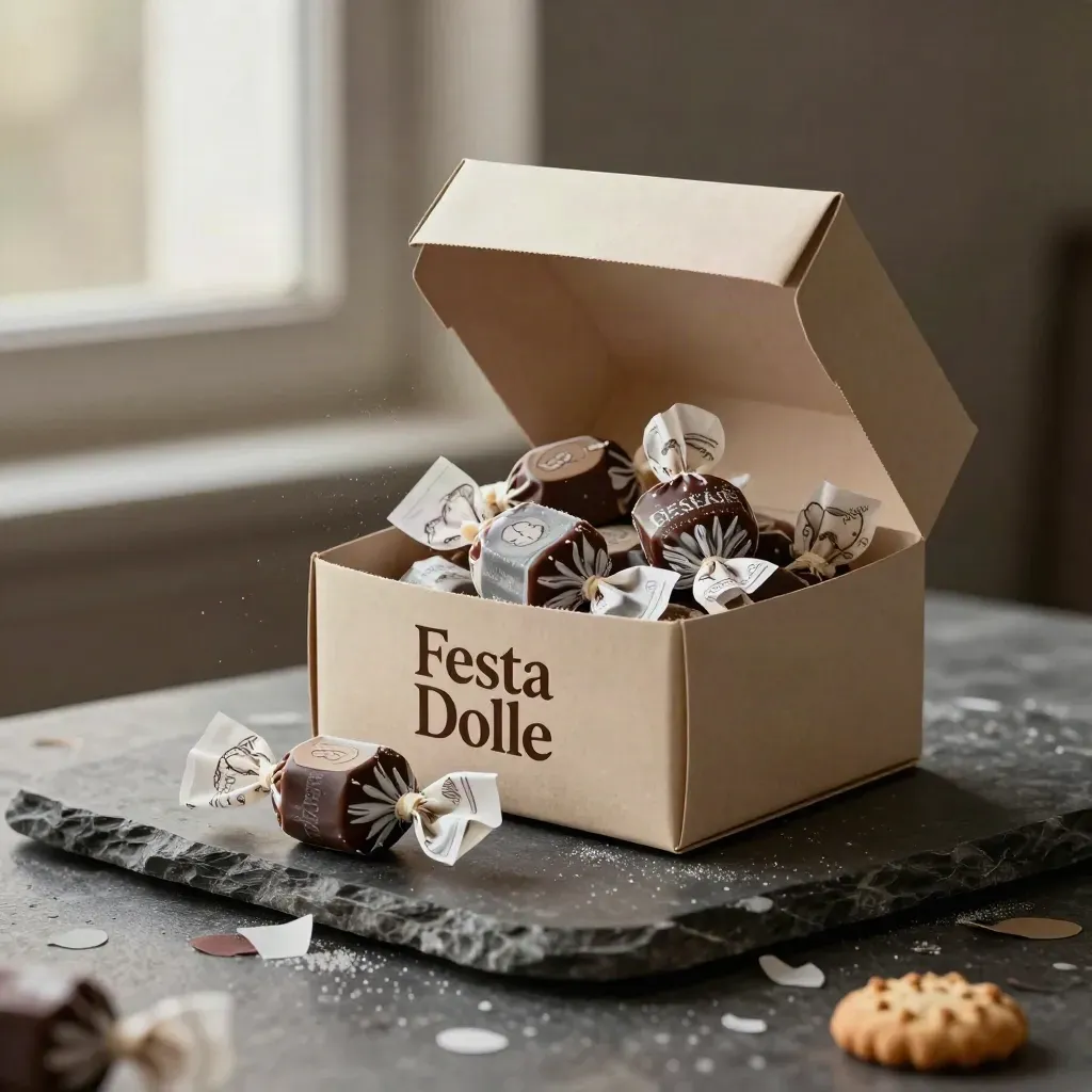 Scatola dolci aperta con confetti e biscotti su lastra scura, luce radente e atmosfera raffinata.