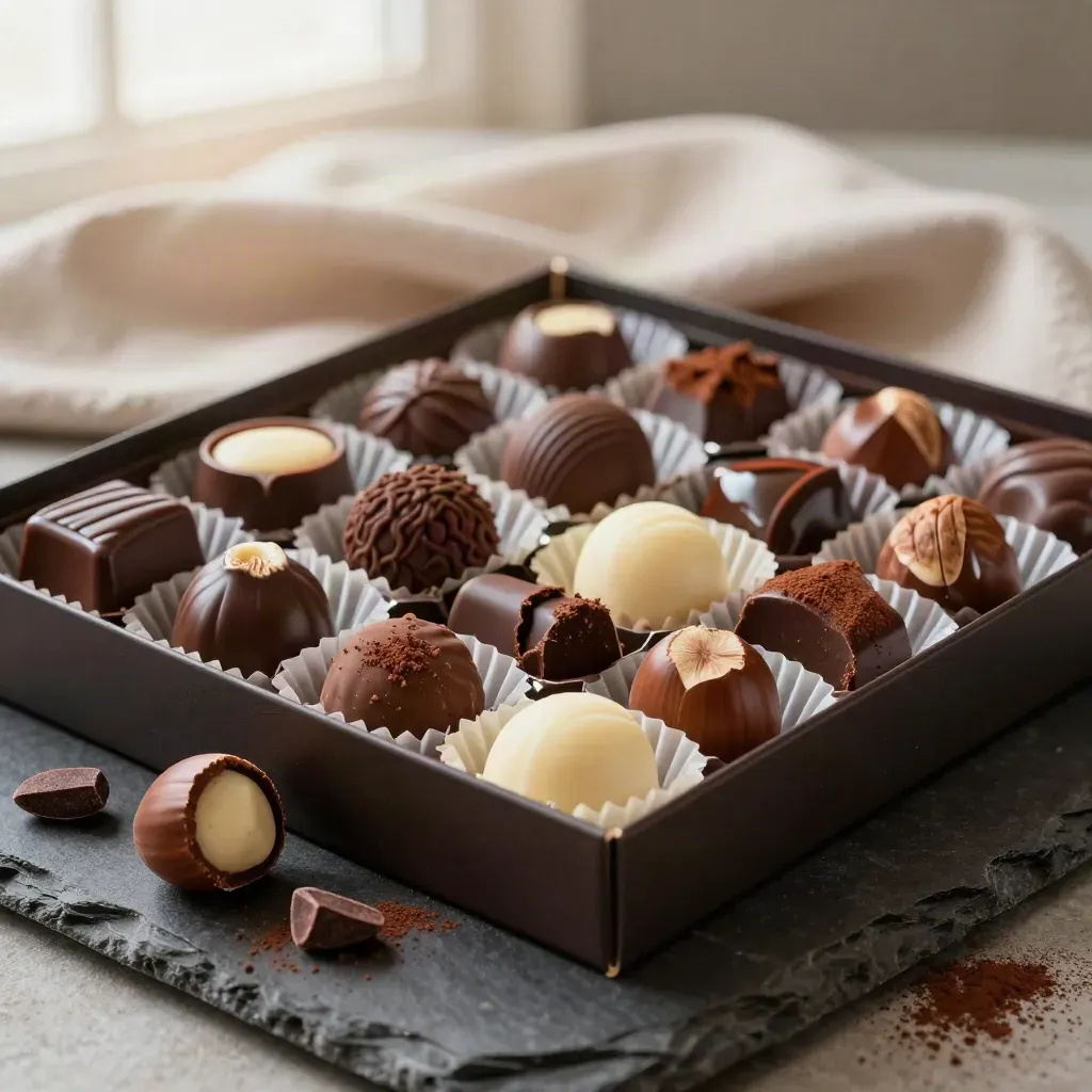 Scatola di cioccolatini assortiti con praline, pezzi rotti e granella di cacao su pietra scura.