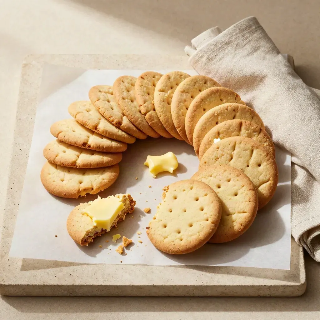 Biscotti al burro in una latta con briciole, tovagliolo di lino e riccioli di burro