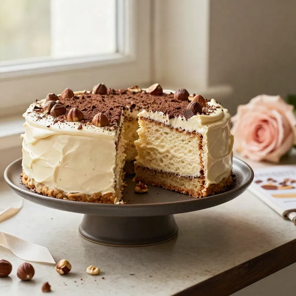 Torta alla nocciola con una fetta staccata, scaglie di cacao e luce soffusa.