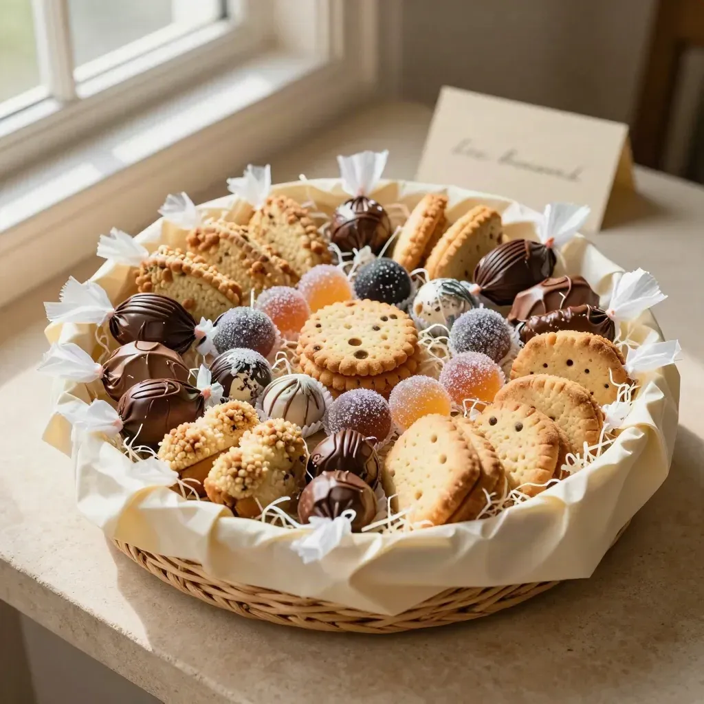 Cesto festa familiare con dolci misti, biscotti e cioccolatini su pietra chiara