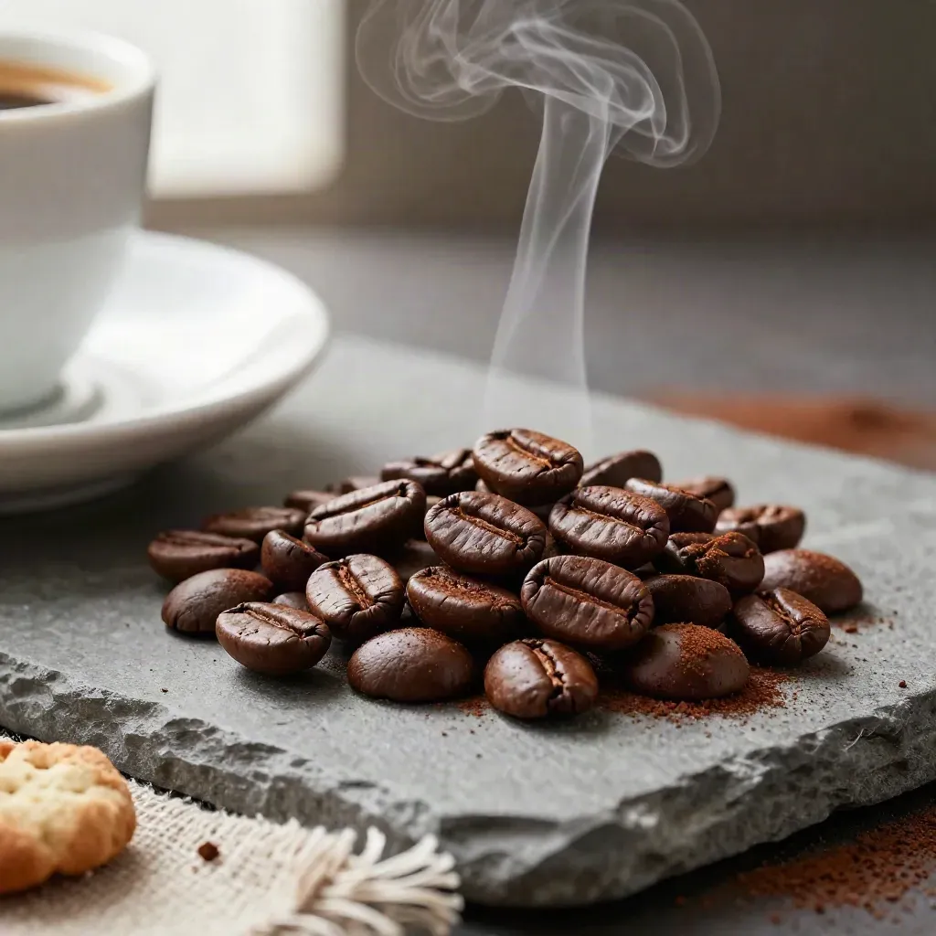 Macrofoto di chicchi di caffè ricoperti di cioccolato su pietra opaca, con vapore e briciole.