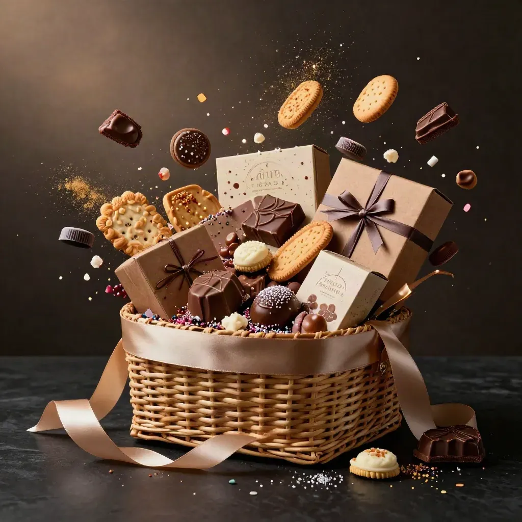 Cesto regalo grande aperto, con cioccolatini, biscotti e confetti in una scena elegante e luminosa.