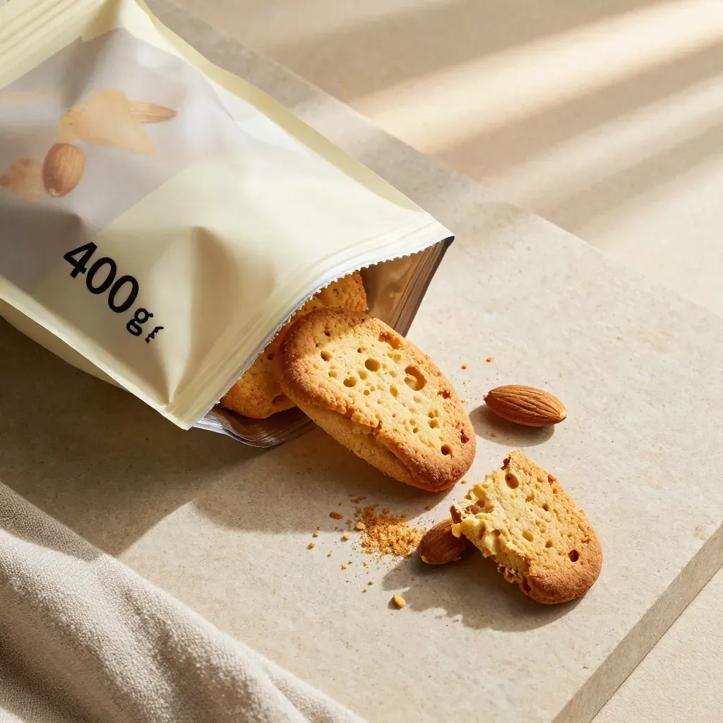 Busta di biscotti alla mandorla con biscotti rotti, mandorle e briciole su pietra chiara.