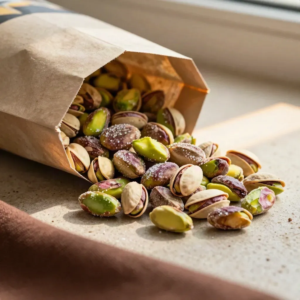 Confetti al pistacchio in sacchetto kraft con confetti lucidi e gusci spezzati