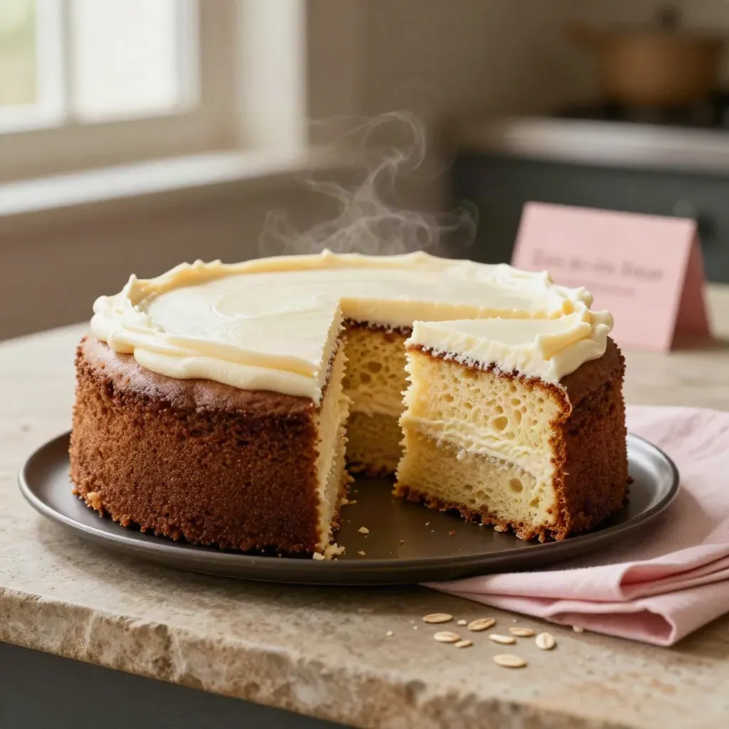 Torta Pan di Spagna con fetta sollevata, briciole e tovagliolo rosa pastello su piatto scuro