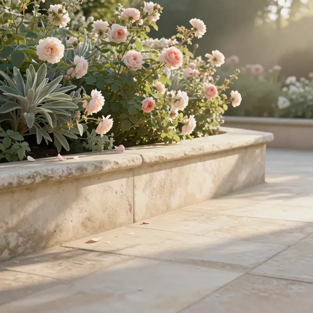 Terrazza di giardino con fiori al vento e spazio libero per il testo