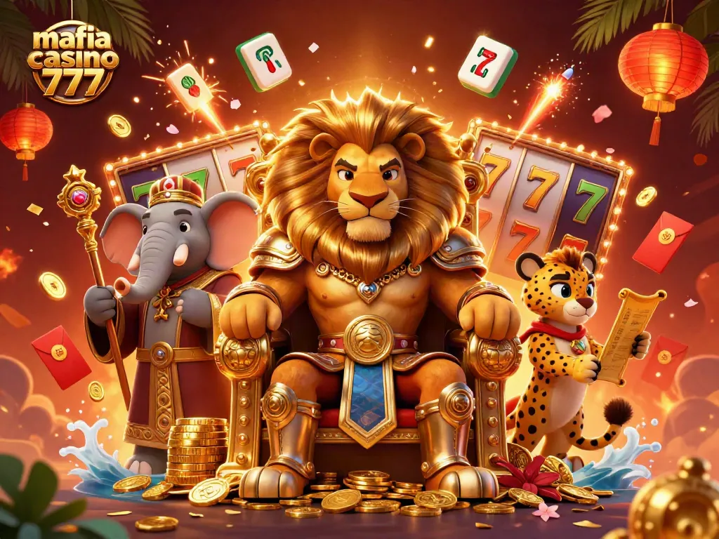 Mafia casino 777 slot game action showcasing a lion king, elephant advisor, and cheetah messenger amidst vibrant casino elements.